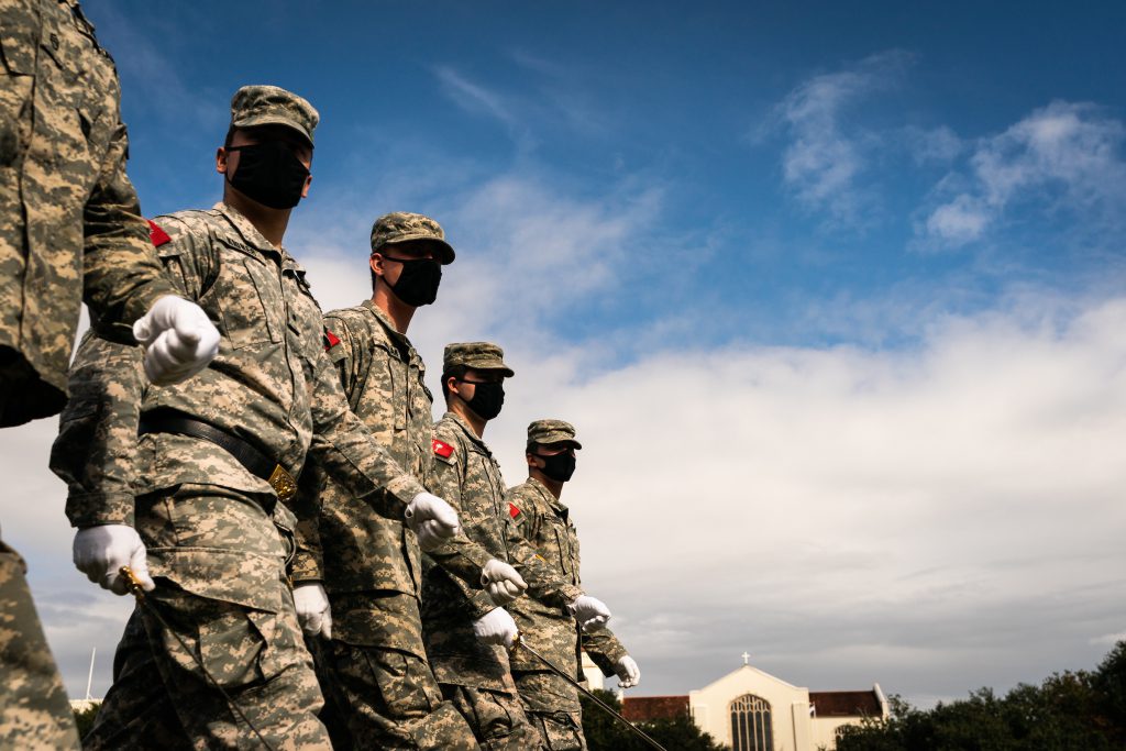 A portion of the South Carolina Corps of Cadets participates in parade practice on Summerall Field at The Citadel in Charleston, South Carolina on Thursday, November 5, 2020.