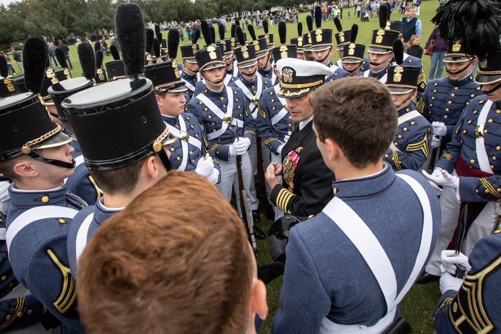 Captain Geno Paluso addressing cadets in 2018 after Homecoming military dress parade on Summerall Field at The Citadel