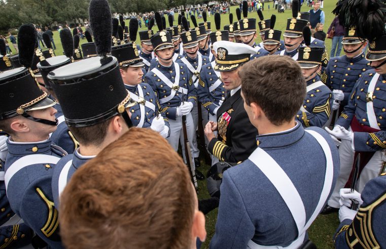 Captain Geno Paluso addressing cadets in 2018 after Homecoming military dress parade on Summerall Field at The Citadel