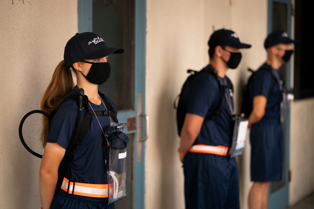 Hotel company knobs cross the parade deck during Matriculation Day for the Class of 2024 at The Citadel in Charleston, South Carolina on Saturday, August 8, 2020. (Photo by Cameron Pollack / The Citadel)