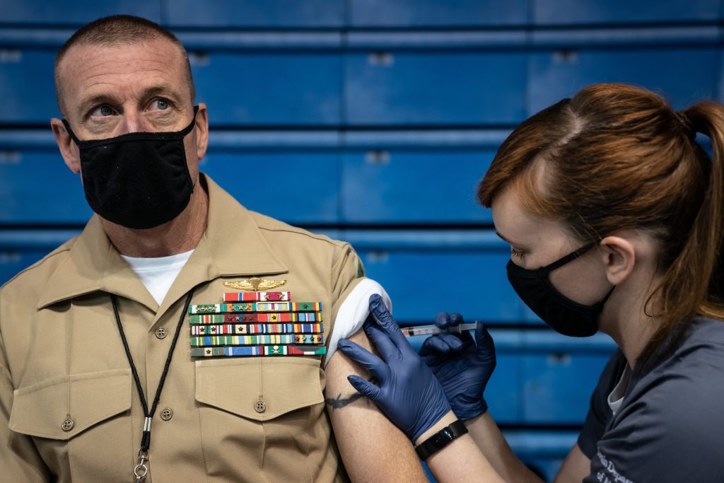 In partnership with Plantation Pharmacy, Faculty and staff are given the Johnson & Johnson Janssen coronavirus vaccine in McAlister Field House at The Citadel in Charleston, South Carolina on Wednesday, March 24, 2021. (Photo by Cameron Pollack / The Citadel)