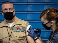 In partnership with Plantation Pharmacy, Faculty and staff are given the Johnson & Johnson Janssen coronavirus vaccine in McAlister Field House at The Citadel in Charleston, South Carolina on Wednesday, March 24, 2021. (Photo by Cameron Pollack / The Citadel)