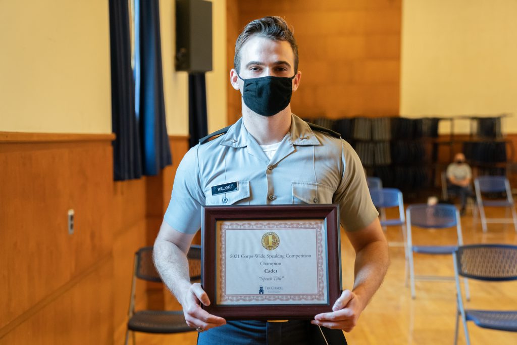Adam Walker ’21 takes first place during the corps-wide speaking competition in Buyer Auditorium at The Citadel in Charleston, South Carolina on Wednesday, April 7, 2021. (Photo by Cameron Pollack / The Citadel)