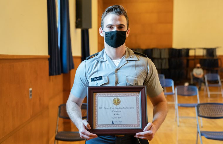 Adam Walker ’21 takes first place during the corps-wide speaking competition in Buyer Auditorium at The Citadel in Charleston, South Carolina on Wednesday, April 7, 2021. (Photo by Cameron Pollack / The Citadel)