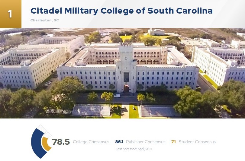 Picture of screen shot of The Citadel and its ranking on college concensus.com