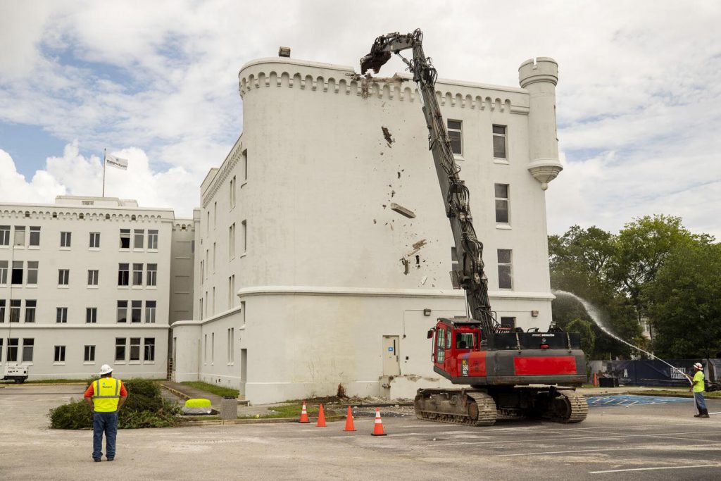 Demolition begins on The Citadel’s Capers Hall on June 8, 2021. Lauren Petracca/Staff