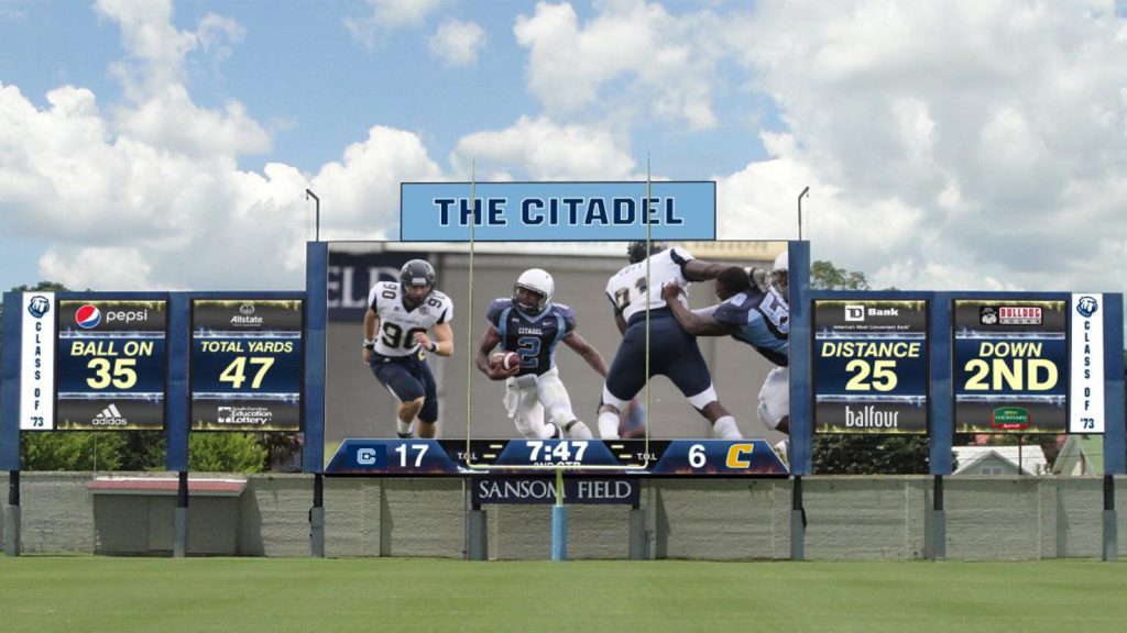 A rendering of the new scoreboard at The Citadel’s Johnson Hagood Stadium. Provided