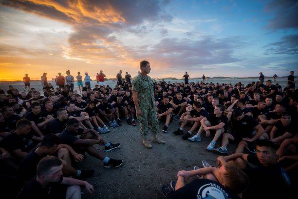 CAPT Geno Paluso speaking to Citadel cadets during a training session on Folly Beach in 2018