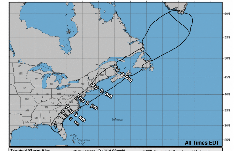 NOAA map of wind impacts from tropical storm elsa