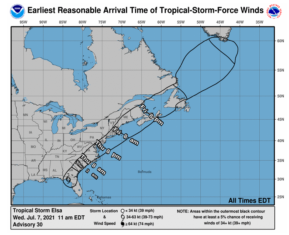 NOAA map of wind impacts from tropical storm elsa