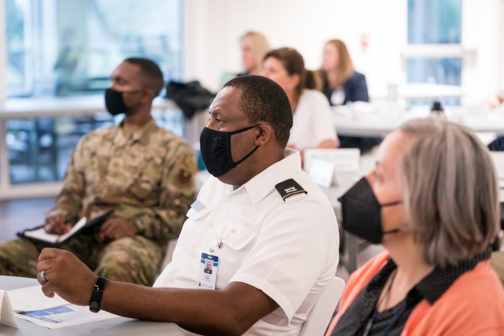 New Faculty listen to presentations at their orientation in the Swain Boating Center at The Citadel in Charleston, South Carolina on Tuesday, August 17, 2021.  Credit: Cameron Pollack / The Citadel
