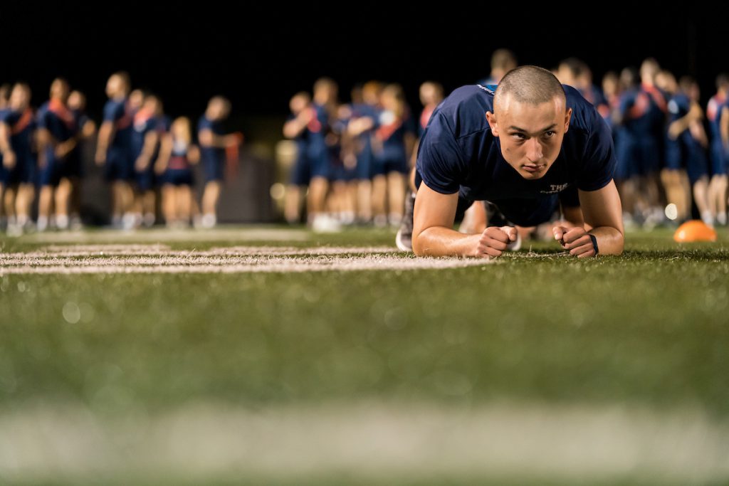 5th Battalion cadets take their cadet physical fitness test on Willson Field at The Citadel in Charleston, South Carolina on Thursday, September 16, 2021.