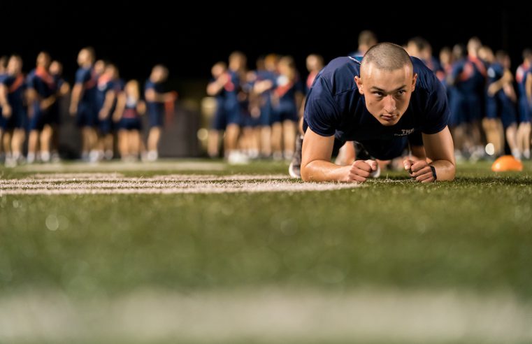 5th Battalion cadets take their cadet physical fitness test on Willson Field at The Citadel in Charleston, South Carolina on Thursday, September 16, 2021.