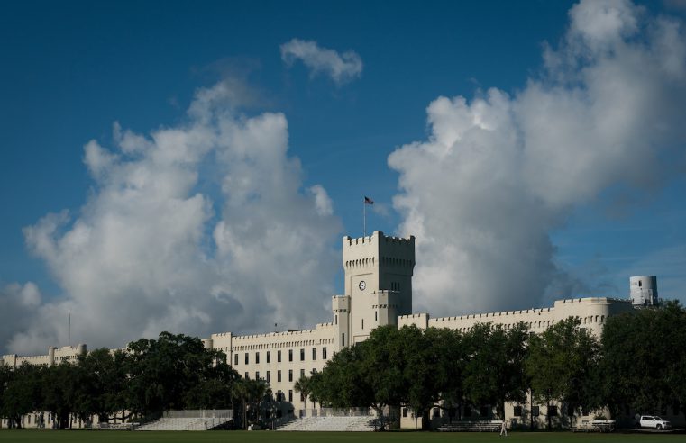 Padgett-Thomas Barracks is seen from Summerall Field at The Citadel in Charleston, South Carolina on Tuesday, June 29, 2021. Credit: Cameron Pollack / The Citadel