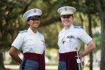 Cadet Olivia Hime with Regimental Commander Kathryn Christmas posing for a photograph on campus