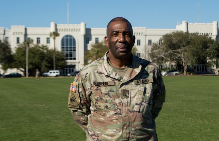 Sergeant First Class Kenneth Greene, USA (Retired) poses for a portrait at The Citadel in Charleston, South Carolina on Monday, January 24, 2022.