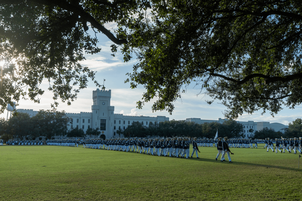 Students participate in a military dress parade at The Citadel. (Photo/Provided)