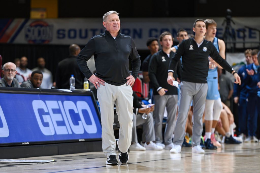 The Citadel head basketball coach, Duggar Baucomduring the opening round of the SoCon tournament against ETSU on March 4, 2022.