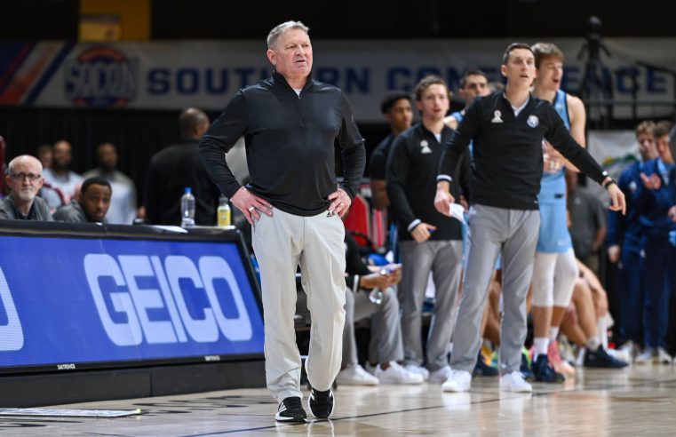 The Citadel head basketball coach, Duggar Baucomduring the opening round of the SoCon tournament against ETSU on March 4, 2022.