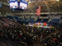 A wide shot of McAlister Field House on The Citadel campus during the Class of 2022 Joint Military Commissioning Ceremony