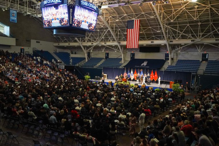 A wide shot of McAlister Field House on The Citadel campus during the Class of 2022 Joint Military Commissioning Ceremony