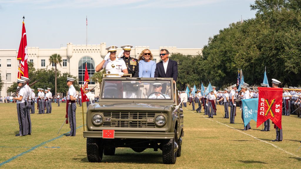 Regimental Commander Brandon Johnson, his mother and father and Citadel President Gen. Glenn Walters