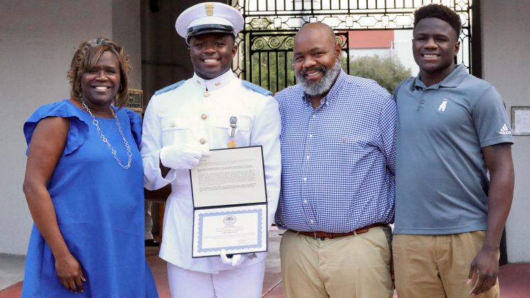 Citadel Cadet Miles Scott stands with his family after receiving the Mazur Medal.