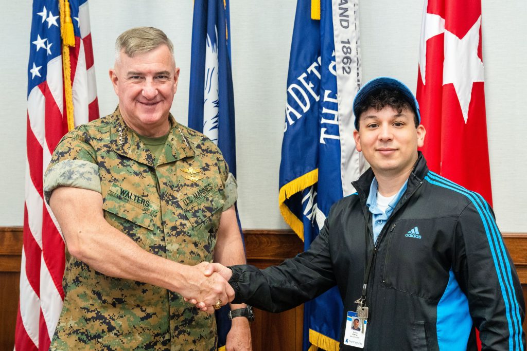 The Citadel President Gen. Glenn Walters with Citadel Rifle coach Richie Parra.