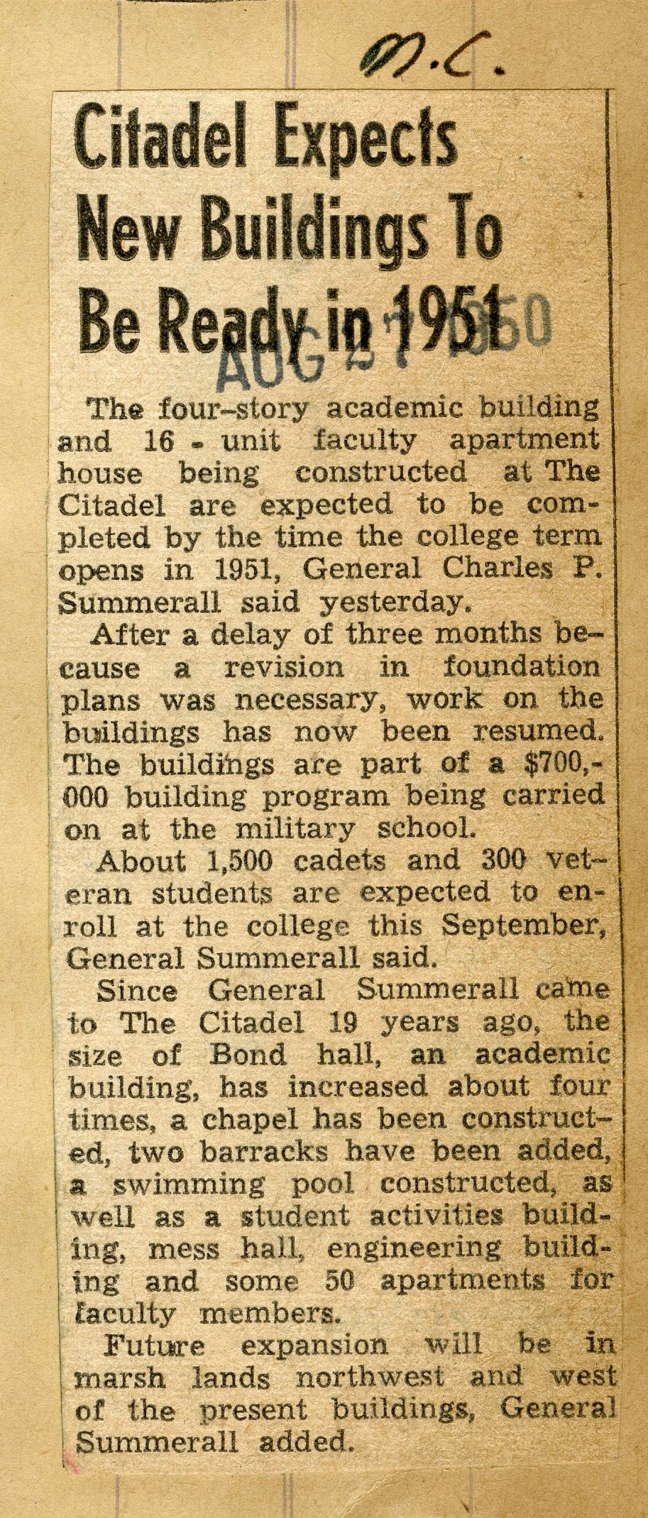 Newspaper clipping on the old Capers Hall.