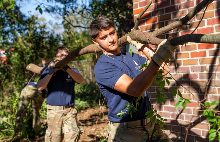 Two individuals carry a large branch outdoors, with one in the foreground and another slightly behind, near a brick wall.